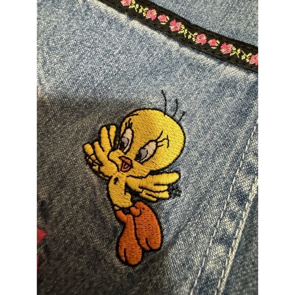 Tweety‎ Bird Overall Denim Dress Woman Size Medium Warner Bros Embroidered 90's - Picture 8 of 16